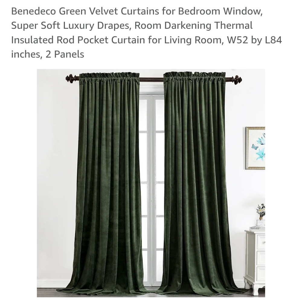 Benedeco Green Velvet Curtains-2 Panels-52"x84"